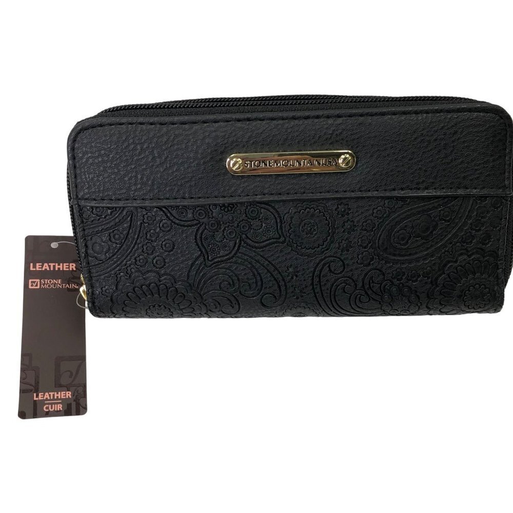 STONE MOUNTAIN BLACK ZIP AROUND LEATHER WALLET NEW WITH TAG
